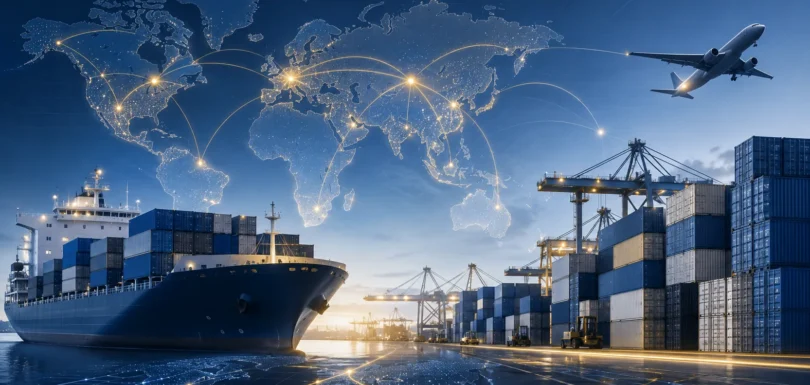 Third-party import and export network connecting sea freight, air cargo, ports, and global trade routes
