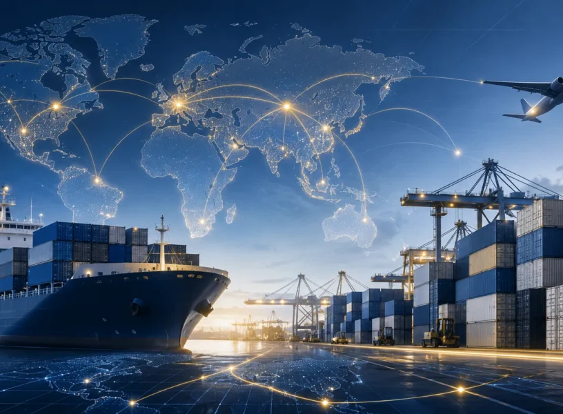Third-party import and export network connecting sea freight, air cargo, ports, and global trade routes