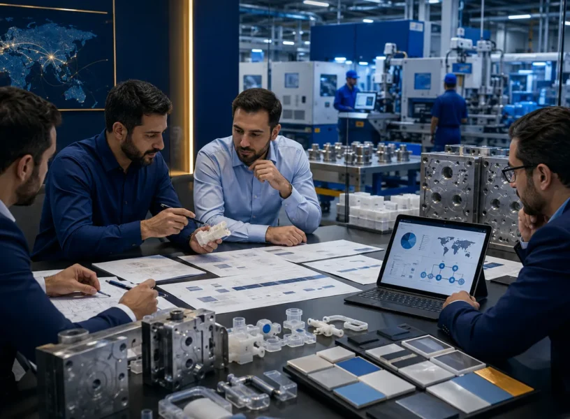 Medical factory procurement partner reviewing machinery, molds, components, and supplier options in a modern factory