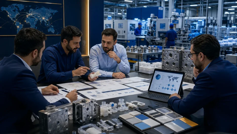 Medical factory procurement partner reviewing machinery, molds, components, and supplier options in a modern factory