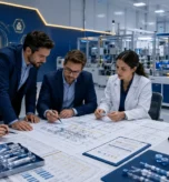 Medical supplies factory planning team reviewing facility layout, production lines, and equipment requirements