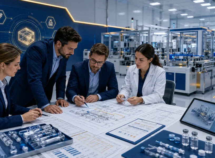 Medical supplies factory planning team reviewing facility layout, production lines, and equipment requirements