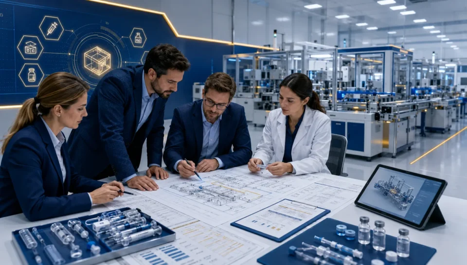 Medical supplies factory planning team reviewing facility layout, production lines, and equipment requirements