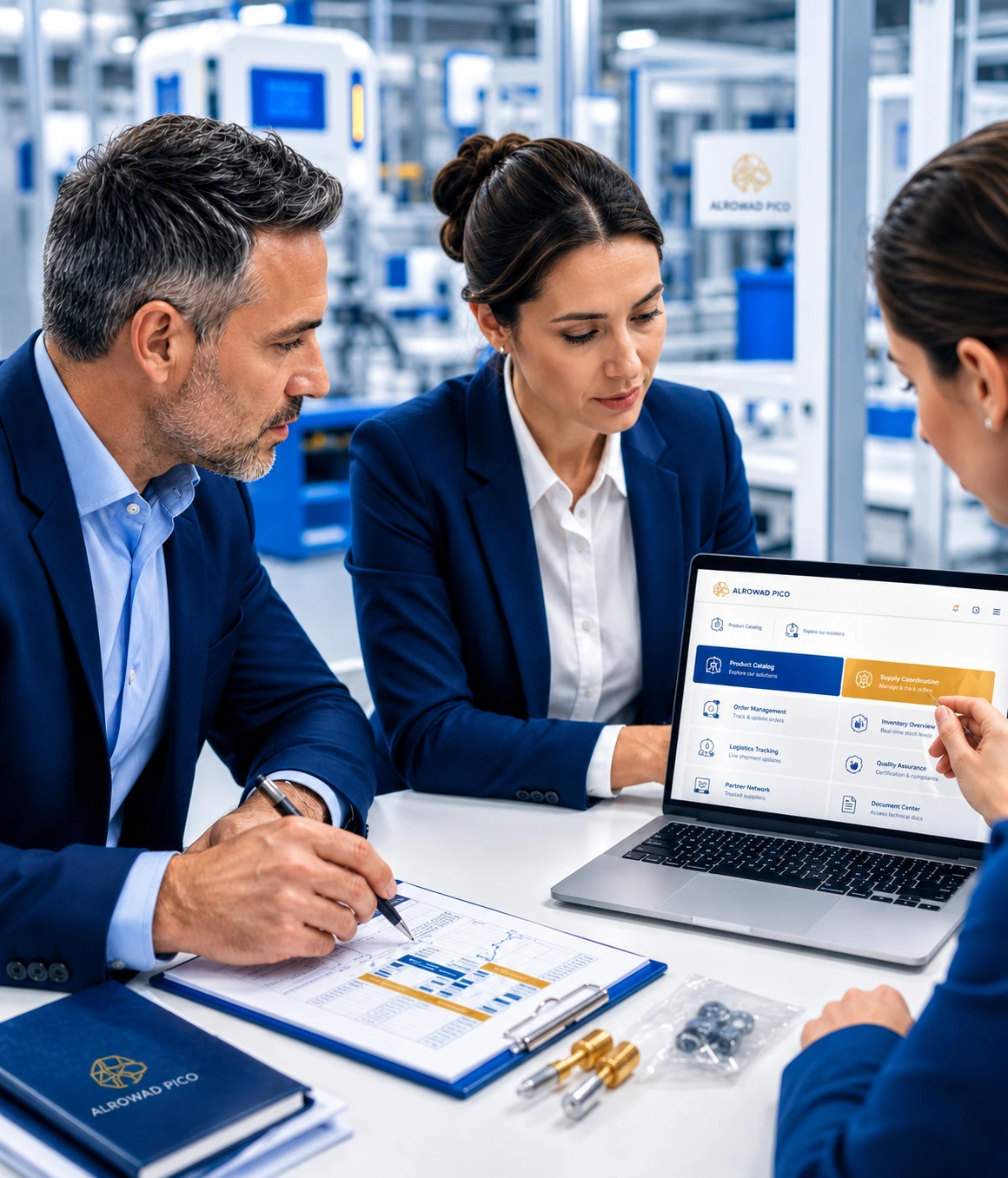 Alrowad Pico team coordinating medical factory supply requirements, technical documents, sourcing options, and order follow-up